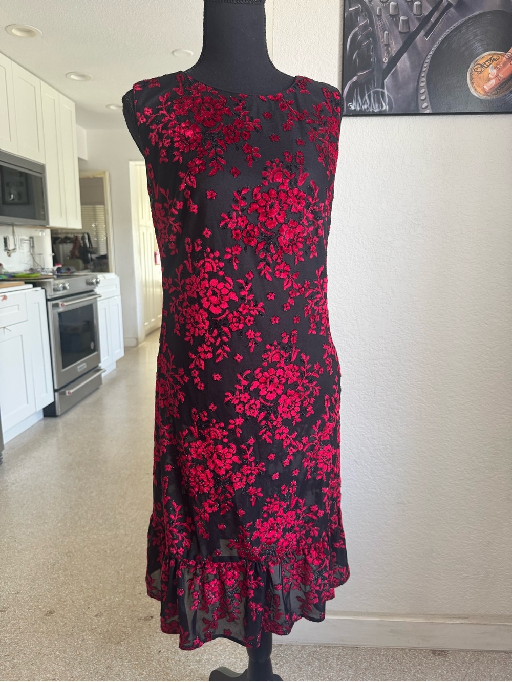 Black Karl Lagerfeld Dress with Red Floral Embroidery - Sleeveless Shift Dress